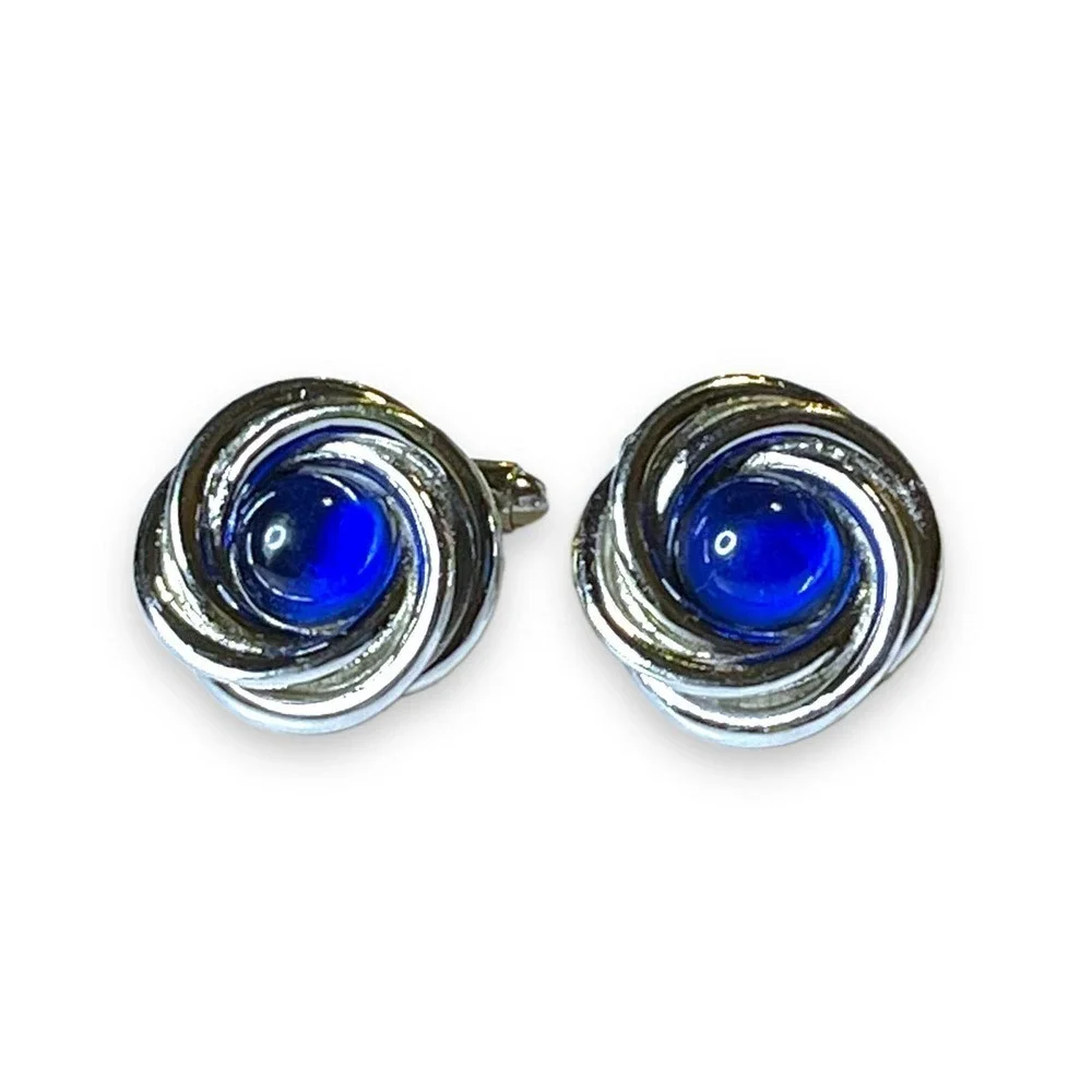 Silver Tone Cufflinks Blue Glass Cabochons Knot Style